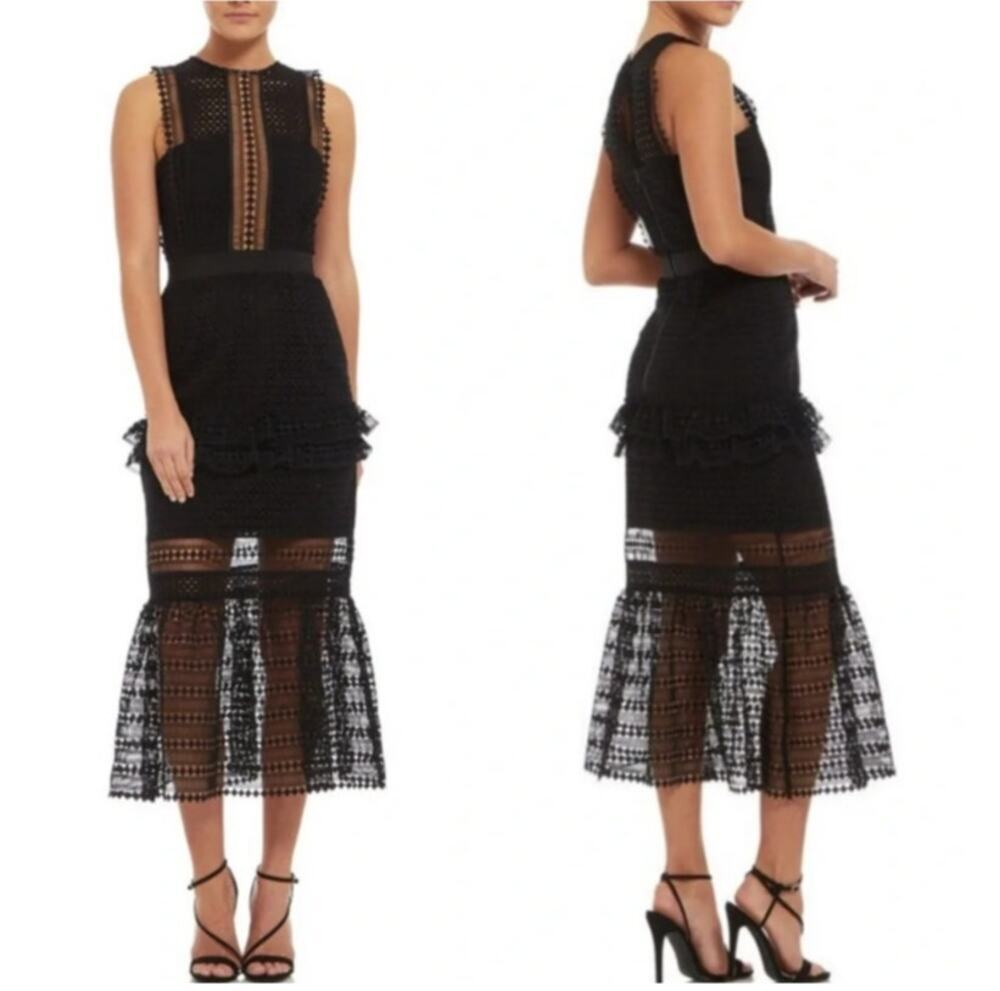 Self-Portrait Black Guipure Sleeveless Crochet Lace Column Midi Dress Women US 8